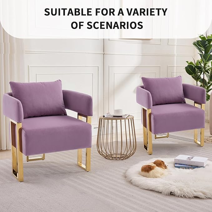 YISHENG Modern Barrel Accent Chairs Set of 2 Living Room Side Chairs with Golden Metal Legs Velvet Upholstered Reading Armchairs no Wheels for Vanity/Reception Room//Bedroom/Lounge/Office Purple