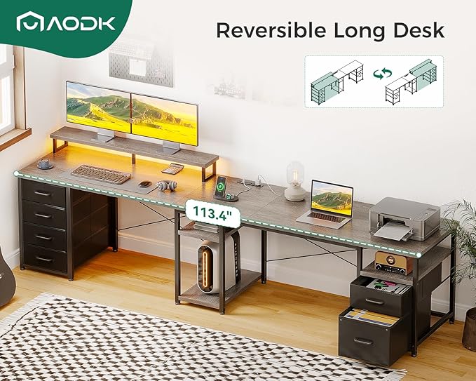 AODK 66 L Shaped Desk 113 Computer Desk with File Cabinet &amp 4 Fabric Drawers Home Office Desk with Monitor Shelf &amp Power Outlet Two Person Desk or Corner Desk Gaming Table with LED Light