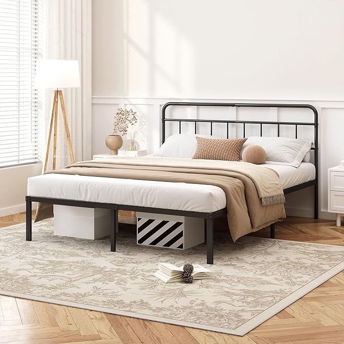 12 inches Queen Size Bed Frame with Minimalist headboardMetal Platform Base with Strong Metal SlatsMattress Foundation for Under Bed StorageEasy AssemblyBlack
