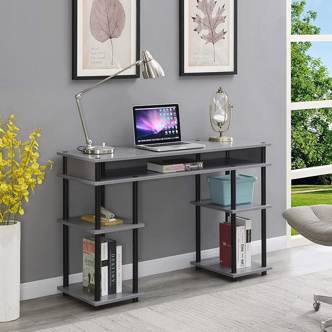 Convenience Concepts Designs2Go No Tools Desk Home Office Desk with Shelves Corner Shelf Vanity Desk Computer Desk Nail Table for Nail Tech - 47.25 L x 15.75 W x 30 H Gray/Black