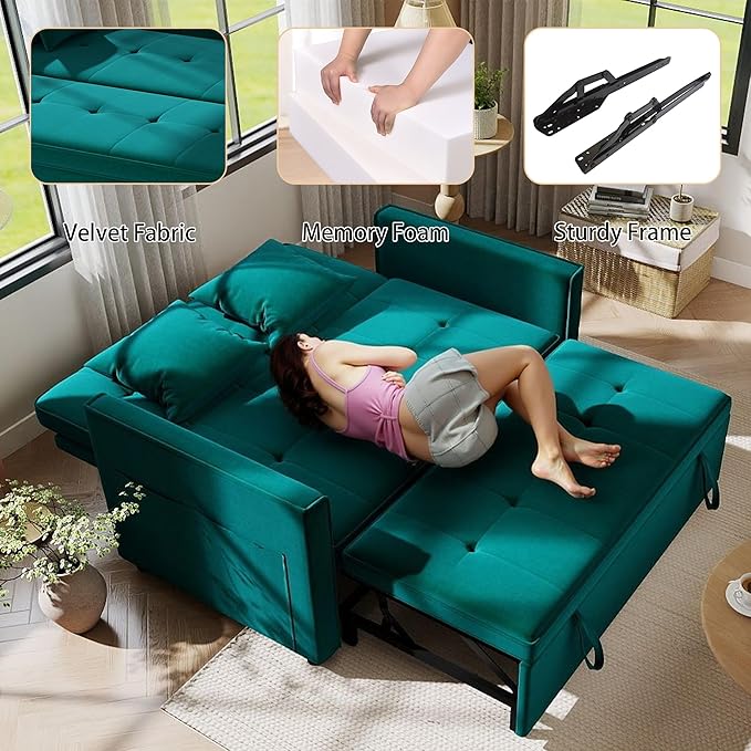 Pull Out Sofa Bed: 56 Green 3 in 1 Convertible Sleeper Sofa Bed Velvet Loveseat Sleeper Couch with Storage Comfy Futon Couch Beds for Living Room | Velvet