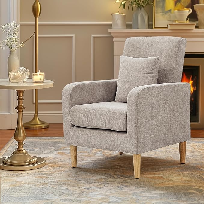Upholstered Sofa Chair with Pillow Fabric Accent Armchair with Wooden Legs Comfy Lounge Chair for Living Room Bedroom or Office Supports up to 300 lbs (Beige)