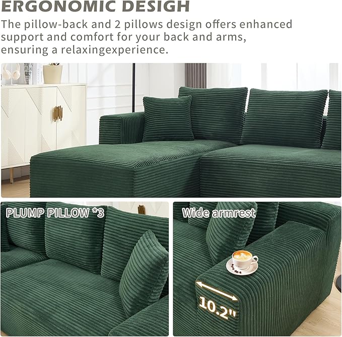 108.3 Modular Sectional Sofa Couches for Living Room Modern Boneless Couch Cloud Foam Floor Upholstered Sofa with Chaise L-Shape Couch for Bedroom Left Facing Chaise Green