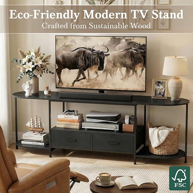 63 TV Stand for TVs up to 75 Inches Curved Edge Media Console &amp Entertainment Center with 2 Fabric Drawers Modern TV Console Table for Living Room or Bedroom Black