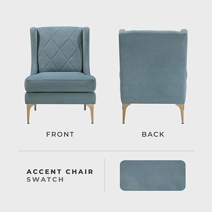 Lexicon Modern Accent Chair Living Room Chenille Upholstered Single Sofa Chair with Gold Metal Legs Wing Back &amp Diamond Stitched Back Armchair for Bedroom/Office/Waiting Room Blue