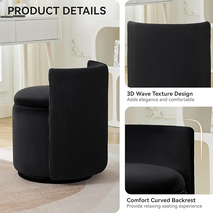 Velvet Vanity Chair with Storage 360° Swivel Makeup Chair with Wave Back No Assembly Small Accent Stool for Bedroom Dressing Living Room Black