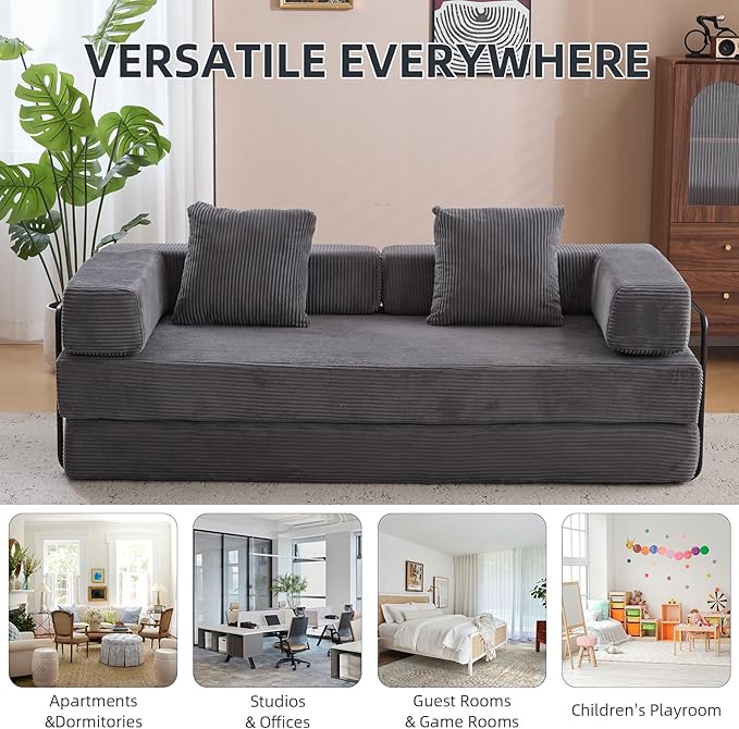 Folding Sofa Bed Convertible Sleeper Corduroy Floor Couch with Pillows Fold Out Couch King Size Bed Futon Couchs Foldable Memory Foam Mattress for Living Room Bedroom Playroom (Dark Grey)