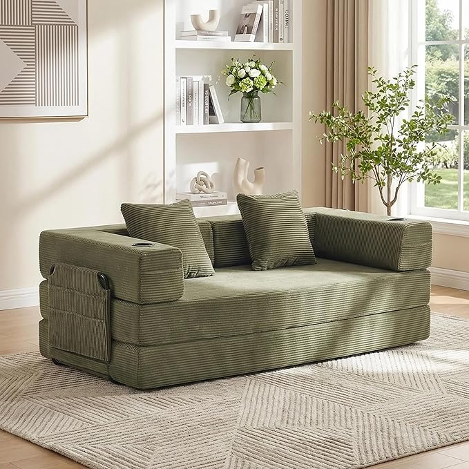 WELAX 72.8 Convertible Sleeper Sofa Bed Boneless Cloud Queen Futon Couches with Cupholders &amp Storage Pockets Corduroy Folding Floor Couch for Bedroom Apartment No Assembly Forest Green