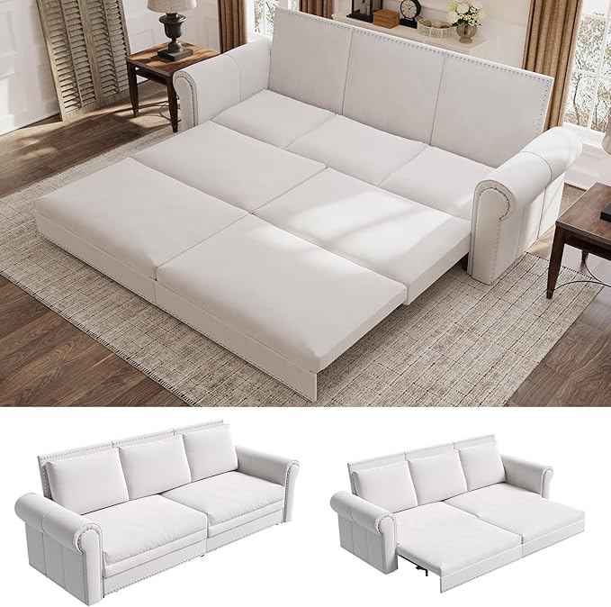 Newfun 93.7 King Pull Out Sofa Bed with Pillows 3-in-1 Velvet Convertible Sleeper Sofa with Nailhead Trim &amp Rolled Arm for Living Room Bedroom Small Space Apartment (Beige Velvet)