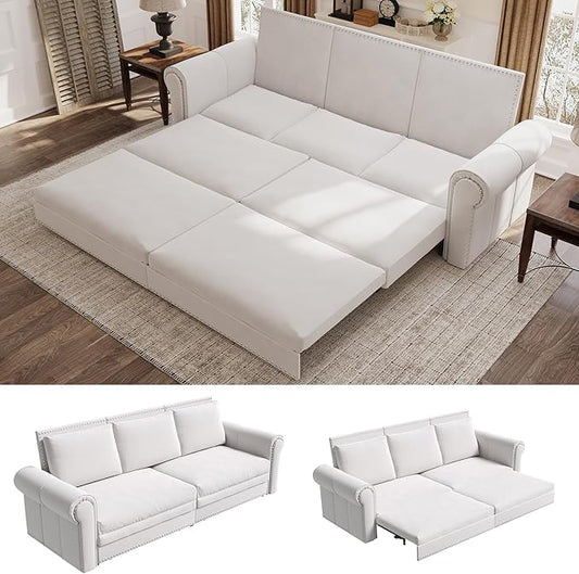 Newfun 93.7 King Pull Out Sofa Bed with Pillows 3-in-1 Velvet Convertible Sleeper Sofa with Nailhead Trim &amp Rolled Arm for Living Room Bedroom Small Space Apartment (Beige Velvet)