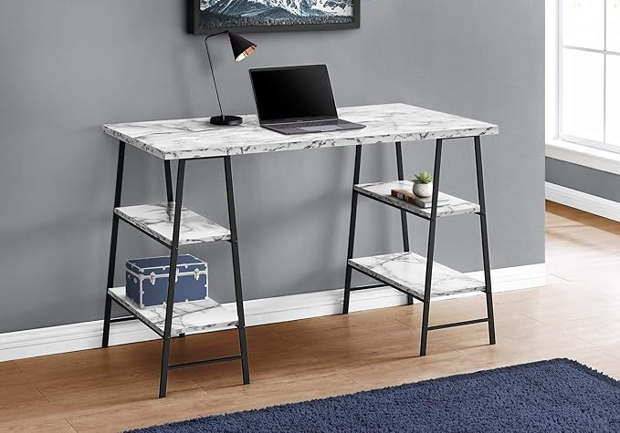 Computer Desk Home Office Laptop Storage Shelves 48 l Work White Marble Look Laminate Black Metal Contemporary Modern JJ863