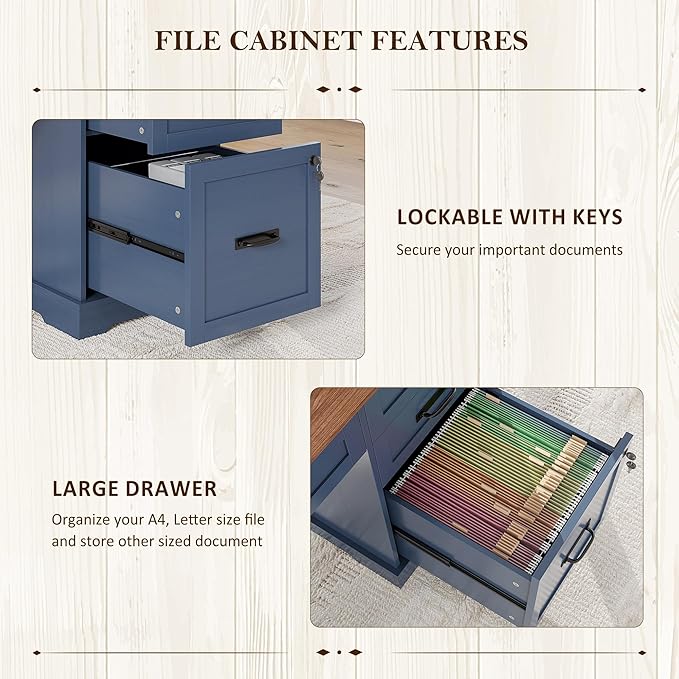 Whalefall 55'' Farmhouse Desk Home Office with Drawers Executive Computer Desk Wooden with File Cabinet and Charging Station Blue