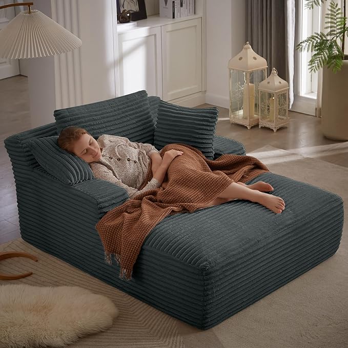 49.2 Oversized Chaise Lounge Chair Deep Seat Upholstered Cozy Cloud Couch Modern Corduroy Floor Sleeper Sofa Bed Reading Chair for Living Room Bedroom Apartment Office Indoor Dark Grey