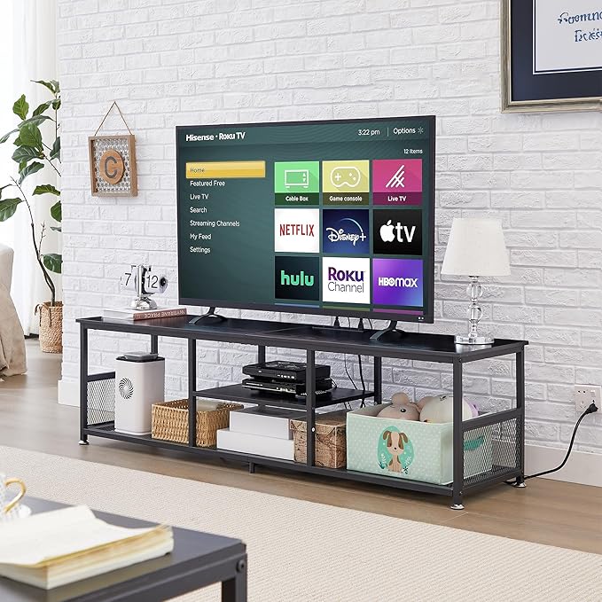 VECELO TV Stand with Power Outlets for Televisions up to 75Inch 62 Media Entertainment Center with Charging Station 3-Tier Open Storage Shelves with Metal Frame for Living Room/BedroomBlack