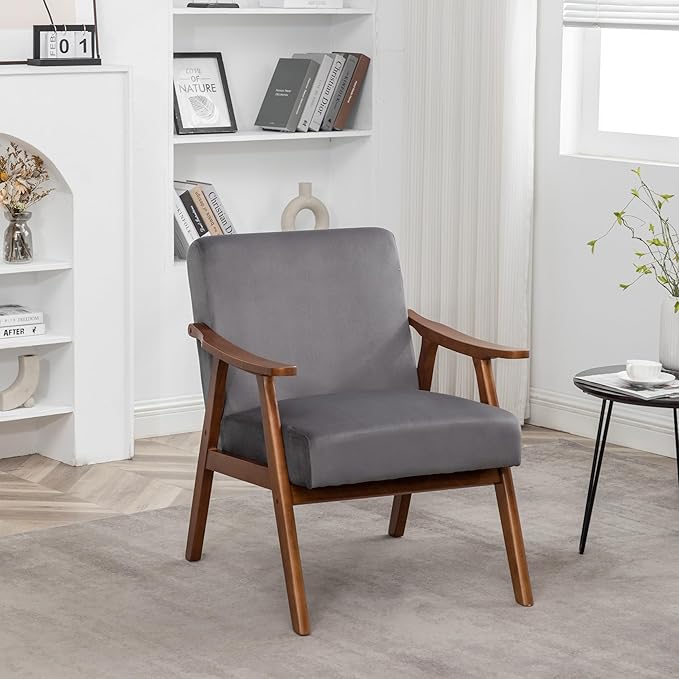 Mid Century Modern Accent Chairs with Arms Portable Rustic Solid Wood Home Chair Comfortable Chairs for Living Room Extra Seating Modern Accent Chair for Bedroom OfficeGrey-Velvet