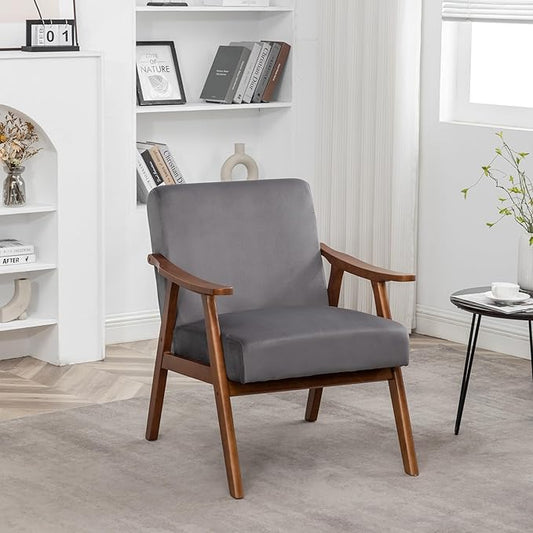 Accent Chair with Velvet Upholstery and Solid Wood e Classic Mid Century Living Room Furniture for Extra Seating Grey