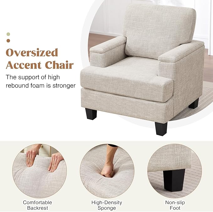 Beige Accent Chair with Armrest Storage Modern Upholstered Reading Living Room Chairs Comfy Large Armchair Fabric Single Sofa Chair for Bedroom