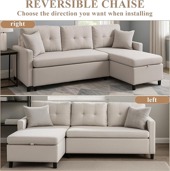 Sleeper Sofa Couch Oversized Pull Out Couch Bed with Storage Chaise Sectional Sleeper Sofa Bed for Living Room (Beige Single)