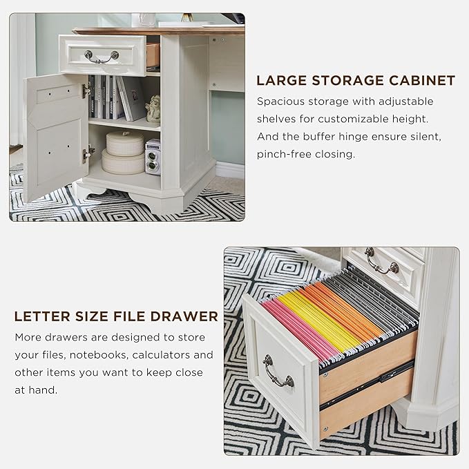 T4TREAM 59 Executive L Shaped Desk with DrawersFarmhouse Wood Computer Corner Desk Featuring Charging StationFile Drawer Storage Cabinetfor Home Office Work and Study (Antique White)