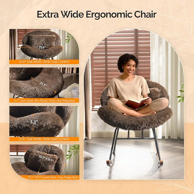 VINGLI 25.6 Wide Nursery Glider Chair 115° Reclining Armless Rocker with Lumbar Pillow &amp Solid Wood Base Plush Fleece Nursing Chair for Bedroom &amp Living Room Chocolate