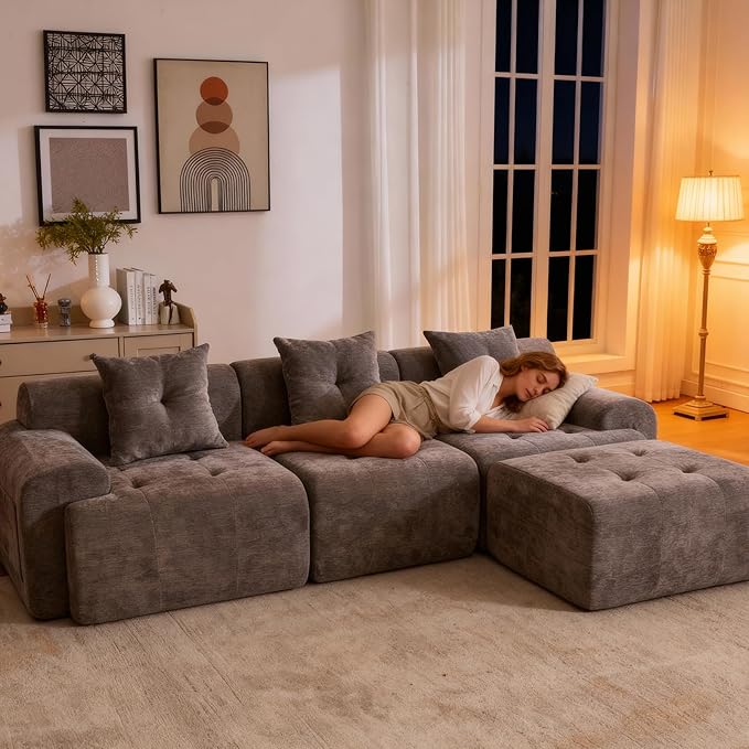 101.65” Modular Sectional Couch for Living Room Modren L-Shape Cloud Sectional 3-Seater Sofa with Movable Ottoman Woven Texture Upholstery Boneless Couch No Assembly Grey