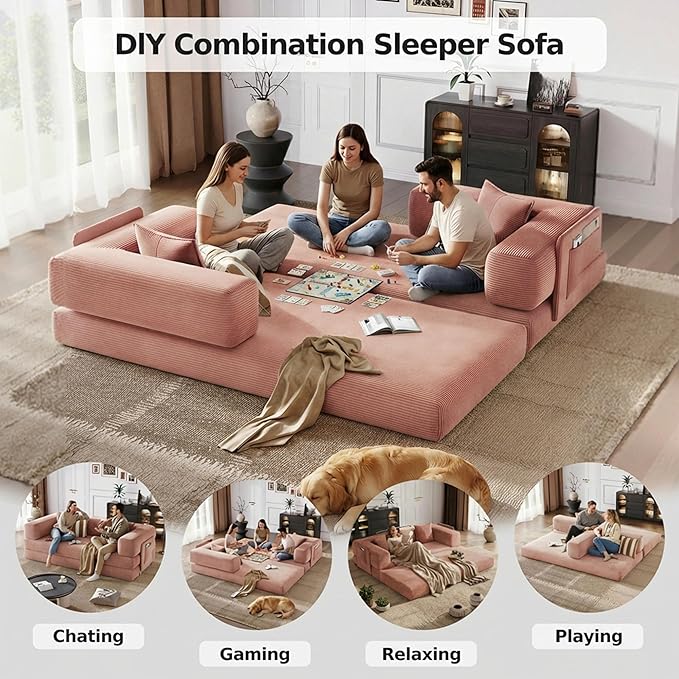 78.8’’ Boneless Sleeper Sofa BedConvertible Futon Couch with Storage Pocket and 2 PillowsModular Corduroy Sofa for livingroomSmall speacePink