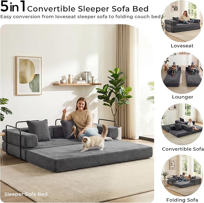 WELAX 77 Convertible Sleeper Sofa Bed Boneless Cloud Queen Futon Couches with 2 Pillows &amp Removable Armrests Corduroy Folding Floor Couch No Assembly for Bedroom Living Room Grey