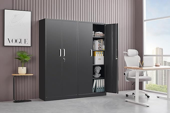 Metal Storage Cabinet with Adjustable Shelves Garage Cabinet with 2 Lockable Doors Garage Storage Cabinet Kitchen Pantry Cabinet - 71'H Black