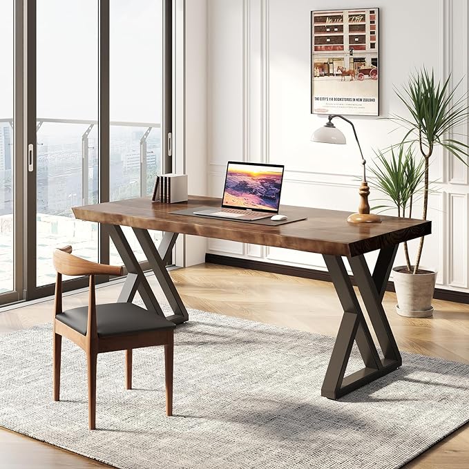 Solid Wood Desk 55 inches Home Office Computer Desk Wooden Rustic Writing Desk Metal Modern Simple Design Executive Real Wood Desk(Rustic Brown)