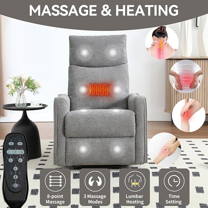 Heated Massage Recliner Chairs for Adults Swivel Rocking Chair Recliner with High Back Small Recliner Chair for Small Spaces Manual Lazy Boy Recliners for Living Room Pockets Fabric (Grey)