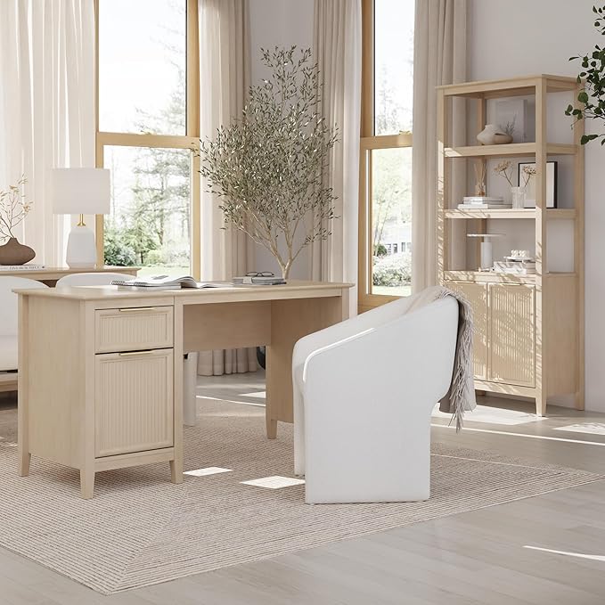 Bush Home 54-Inch Writing Desk with Storage Fluted Computer Study Laptop Table Workstation with Spacious Drawer and Door Storage Home Office Furniture Make Up Vanity Camille Collection Onyx Birch