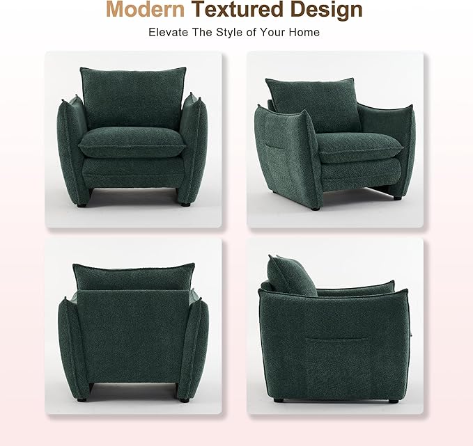 Oversized Accent Chair Modern Single Sofa Cloud Chairs with Removable Pillow Deep Seat Comfy Armchair for Living Room Bedroom Reading Nook - Upholstered Lounge Chair (Green)