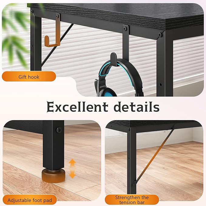56 Inch Gaming Desk with Drawers and ShelfReversible Computer Desk with LED Lights and Power OutletsStudy Table with Hooks for HeadphoneBagsBlack Desk Work Desk for BedroomDorm