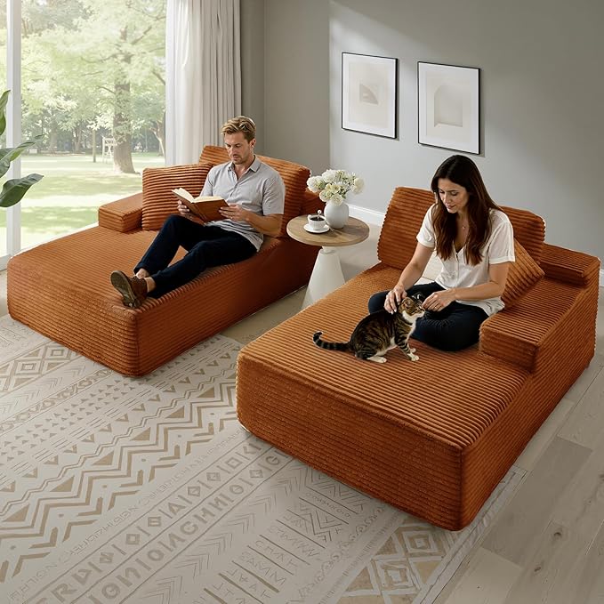 89.3” Oversized Double Chaise Lounge Indoor Orange Corduroy Chaise Lounge Chair Upholstered Sleeper Sofa Bed Deep Seat Sleeper Loveseat Reading Chairs Boneless Cloud Couch for Living Room Bedroom