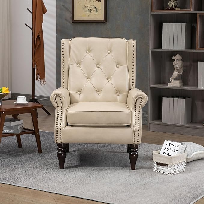 Brown Leather Accent Chair with High Back Vintage Tufted Wingback Chair with Arms &amp Rivet Upholstered Armchair &amp Single Sofa Chairs for Living Room Bedroom Office Apartment (Beige)