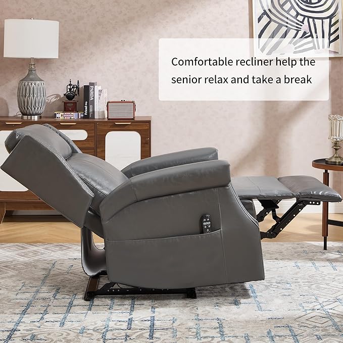 Manual Rocker Swivel Recliner Chair with Vibration Massage Lumbar Heat Rivet Design Faux Leather Brown Single Sofa for Living Room (34.8 Grey)