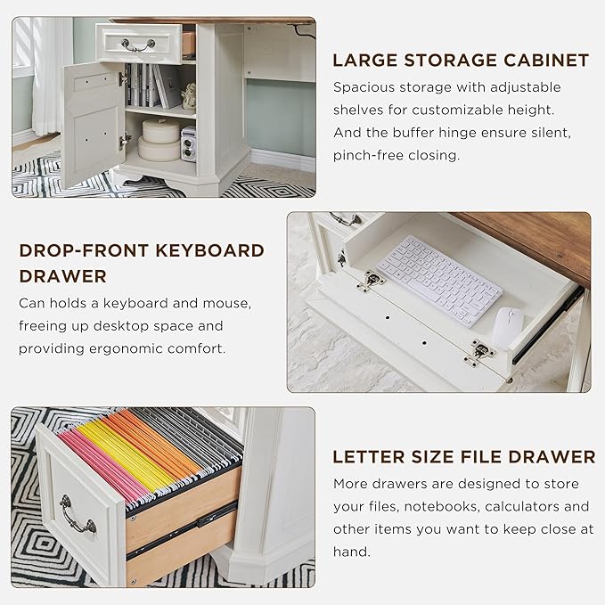 T4TREAM 59 Farmhouse Executive Desk with HutchWood Home Office Computer Desk Featuring Keyboard TrayCharging StationFile Drawer Storage Cabinetfor Work and Study (Antique White)