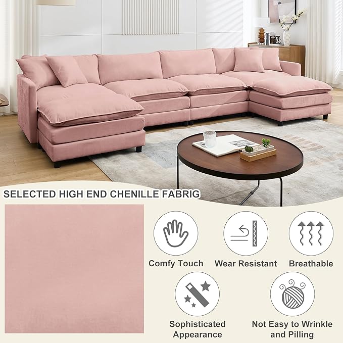 Oversized Modular Sectional SofaSofa Couch with Movable Ottoman Deep SeatSoft Chenille Corduroy Cloud Couches for Living Room ApartmentOffice (Pink 4+2 U)