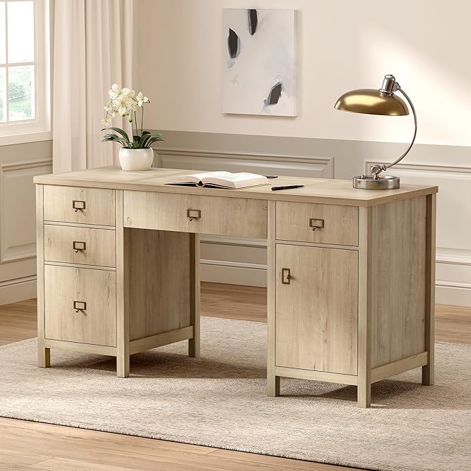Farmhouse Wood Home Office Desk 59 Executive Desk Computer Desk with File Drawer Charging Station and Storage Cabinet for Writing Study Light Oak