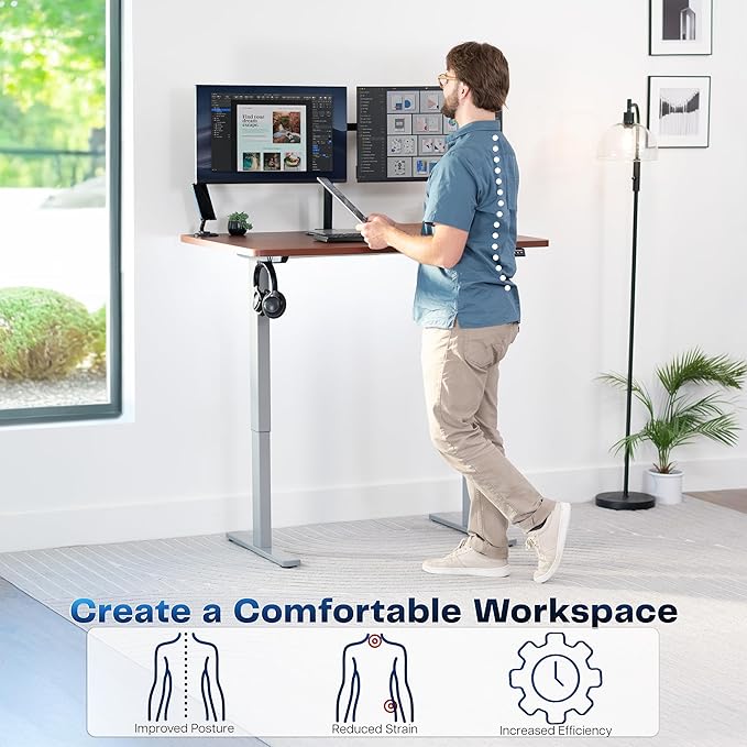 VIVO Electric 48 x 30 in Standing Desk Memory Height Adjustment 1B Series Holds 220 lbs One-Piece Dark Walnut Top Gray Frame DESK-KIT-1G5D