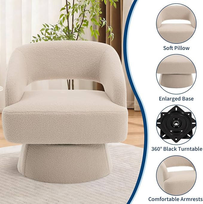 Swivel Barrel Chair - Velvet Upholstered Modern Armchair with Striped Backrest &amp Plush Padding Round Lounge Chair for Living Room Bedroom (Camel-Openwork-(1 Pcs))