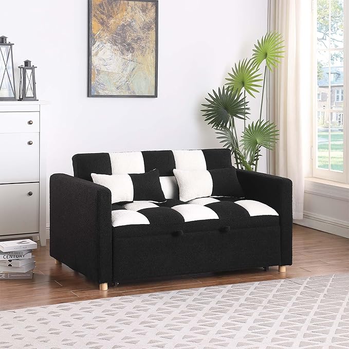 Loveseat Sleeper Sofa Bed Pull Out Couch with Adjustable Backrest and Soft Teddy Fabric Deal for Living Room and Small Spaces Black and White