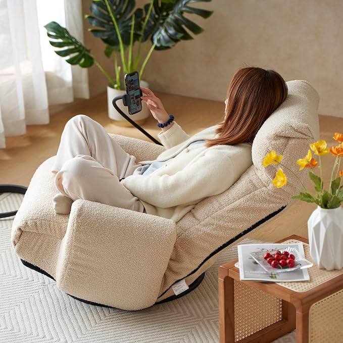 Gwen Upholstered 360° Swivel Chair Lounge Chair with Adjustable Backrest/Headrest Metal Frame Living Room Lounge Sofa and Phone Holder Comfy Bean Bag Chair Beige