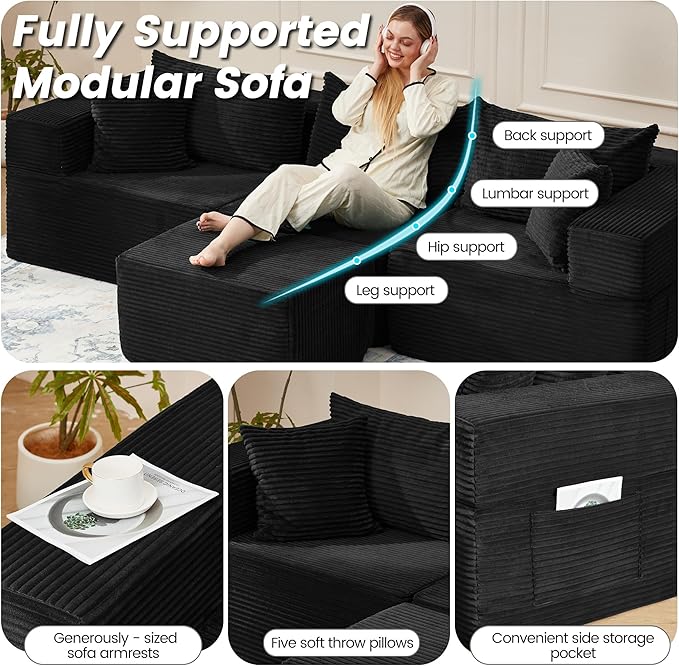 HOMREST 102 Cloud Couch Sectional L Shaped Modern Sofa with Ottoman Comfy Corduroy Fabric Modular Sectional Sofa in a Box Boneless Couches for Living Room No Assembly Required (Black)