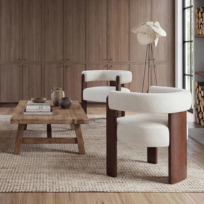 Modern Barrel Accent Chair Cozy Upholstered Beige Linen Living Room Chair for Bedroom Walnut Wood Frame Low Back Armchair Vintage Lounge Reading Chair for Apartment Waiting Room Office
