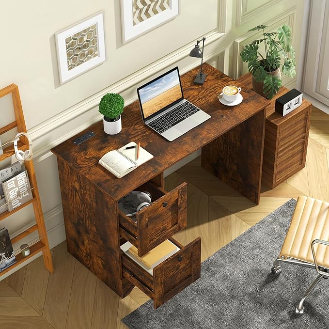 Computer Desk with Power Outlet and Drawers 43 Home Office Desks Farmhouse Writing Study Workstation for Teens Wooden Gaming Table Small Computer Desk for Small Spaces (Rustic Brown)
