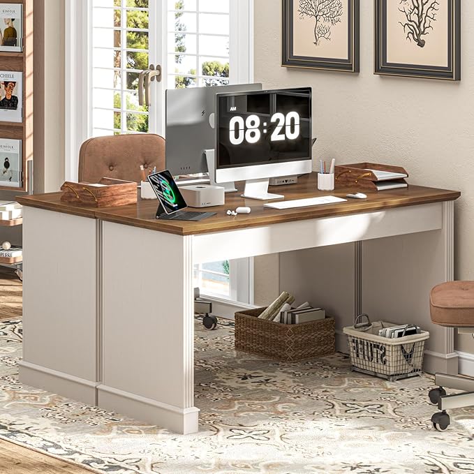 Vabches Farmhouse 59 Executive Simple Sturdy Computer DeskSpacious Workstation for Home Office Remote Work &amp StudyUnique White