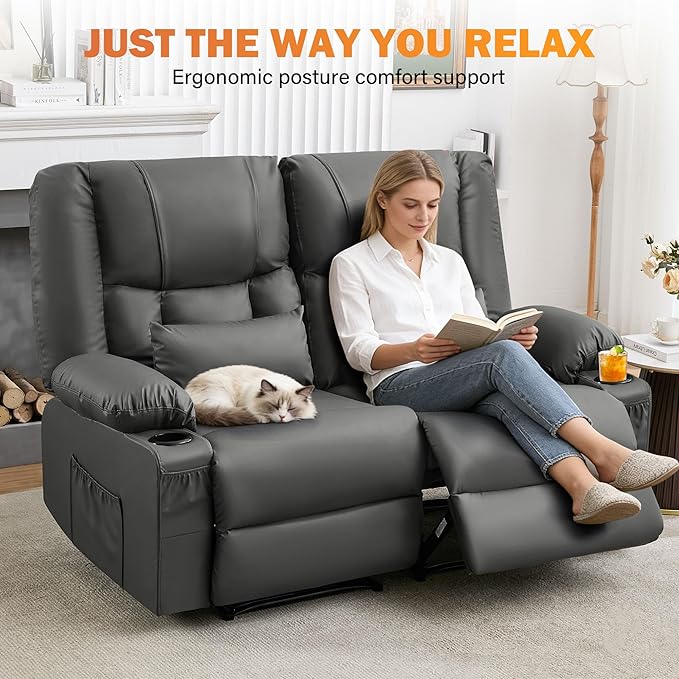 Grey Leather Reclining Loveseat with Massage/Heat/Pillow/USB/Cup Holders Oversized Loveseat Recliner for Living Room Manual Reclining Sofa for Adults 700 Lbs Capacity (Grey)
