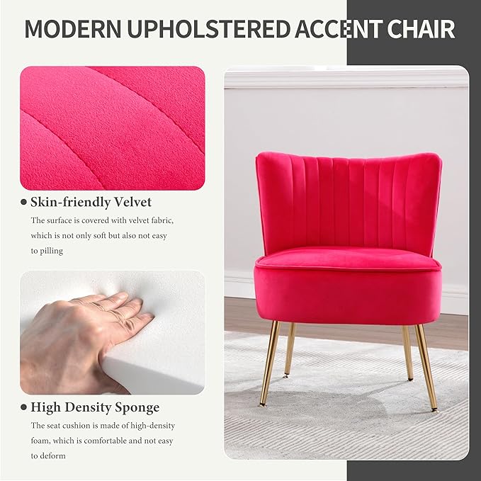 KCC Modern Velvet Upholstered Accent Chair Set of 4Mid Century Living Room Chairs with Golden LegsComfy Armless Chair Wingback Single Sofa Side Chair for BedroomHot Pink