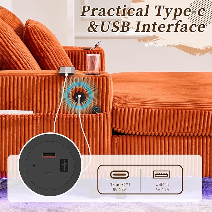 KEIKI 50 W Corduroy Oversized Recliner Single Sofa Couch with Deep Seat3 PillowsUSB ChargingCup Holder and Side Pocket Design